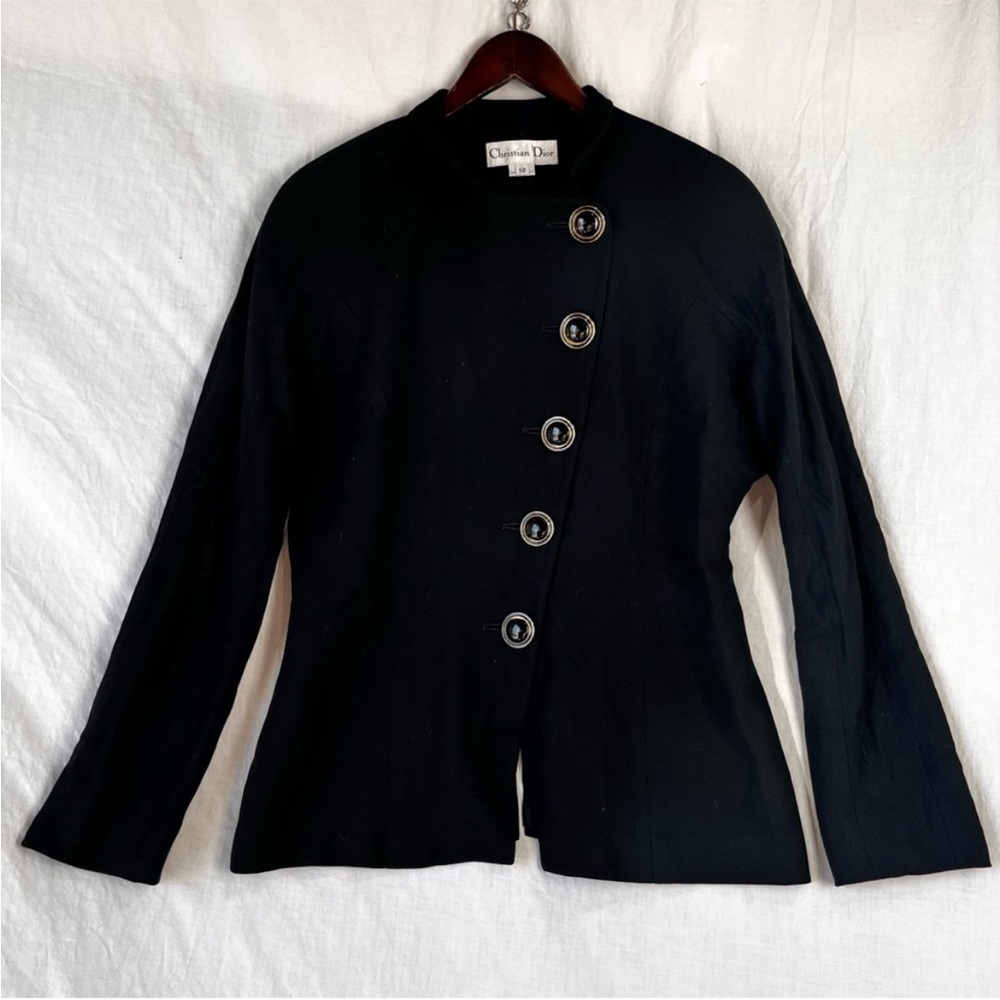 Christian Dior Vintage Jacket Womens 12 Black Big Buttons Long Coat USA Made Top